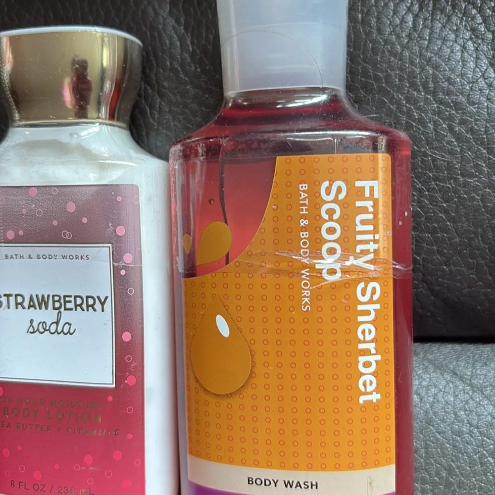 Bath & Body Works fruity sherbet scoop body wash and strawberry soda body lotion